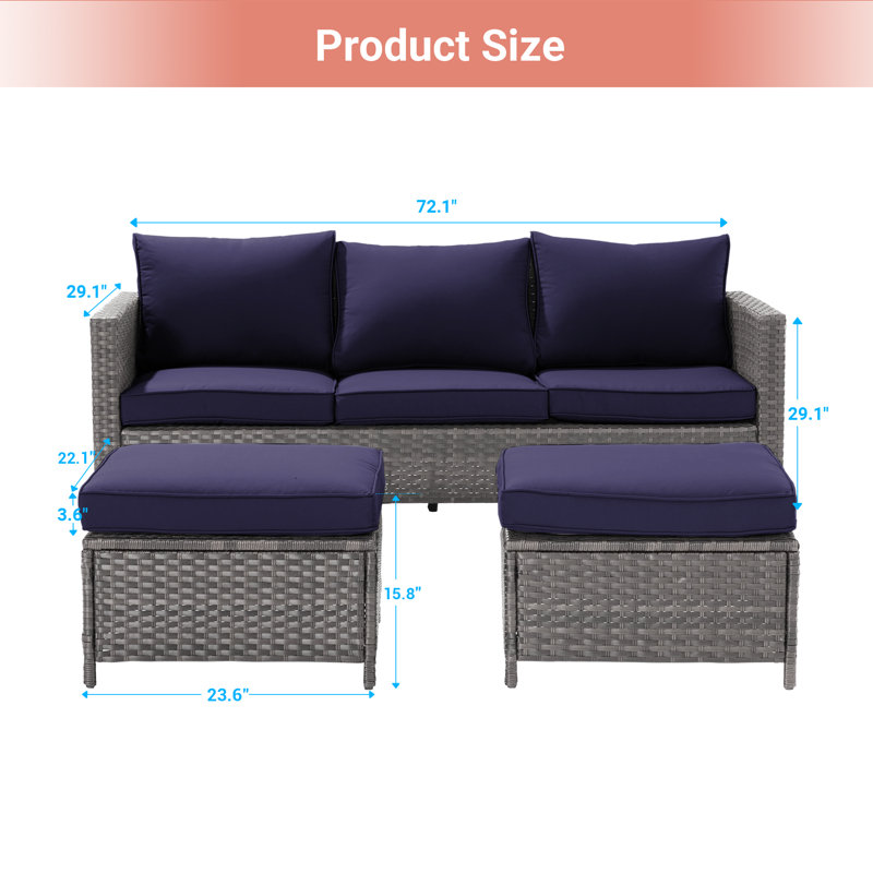 3-Set Outdoor Grey PE Wicker Furniture Wide Seat Conversation Couch Set Extra Ottomans Design for Lawn, Patio and Porch, Gray