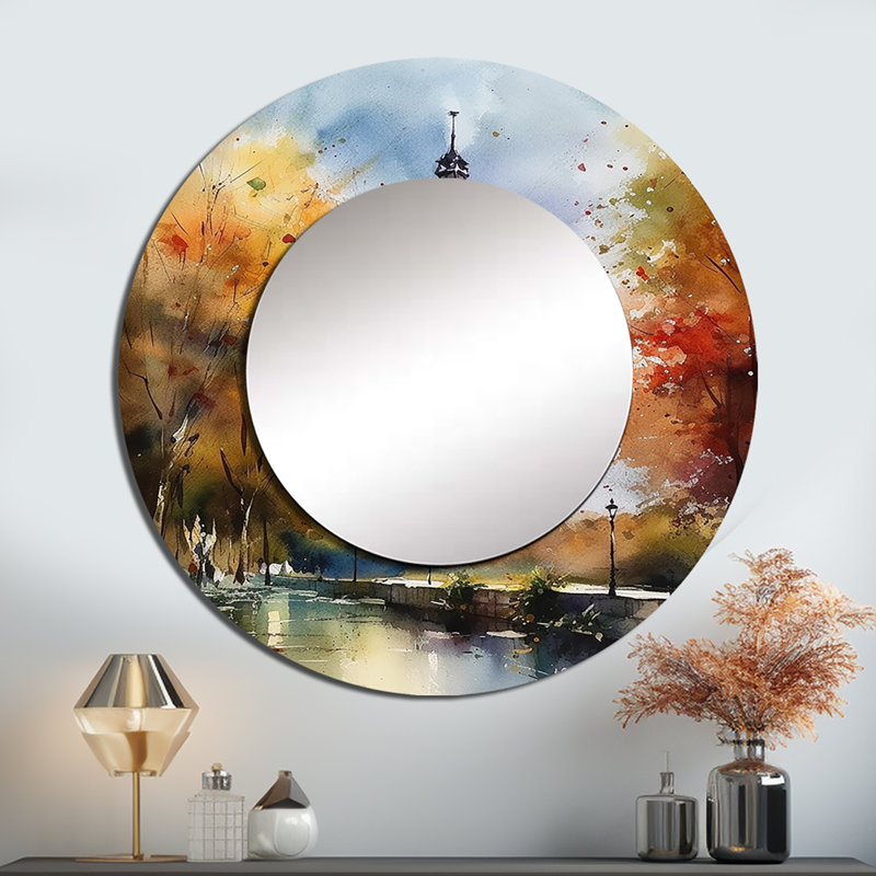 Rahmel Pastel Eiffel Tower In Paris III - Paris Decorative Wall Mirror, Orange Round Mirror, Printed Metal Art, 23" x 23"