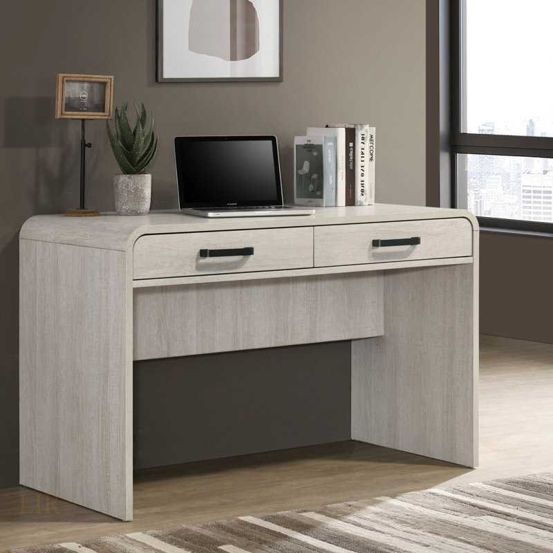 Bureau d'écriture moderne avec deux tiroirs, poignées en métal noir et finition blanc antique pour le bureau à domicile
