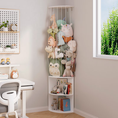 74" H Stuffed Animal Storage with Adjustable Alastic Band, 2 Tier Corner Kids Bookshelf, Wall Mount Bookcase for Kids Room, Playroom, Nursery,White