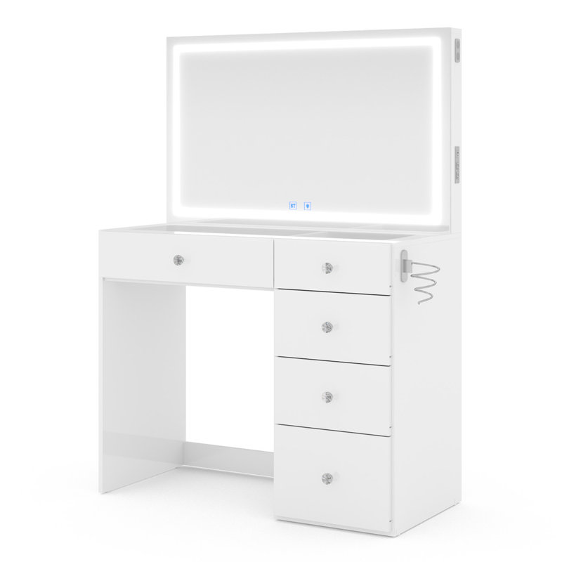 Emilia Compact Premium Vanity With Bluetooth Speakers & LED Mirror, White