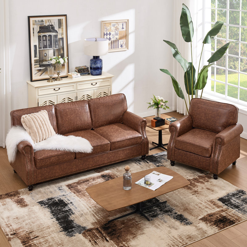 Ensemble de salon 2 pièces avec canapé en similicuir et fauteuil, 2 pièces: chaise, canapé, Marron foncé