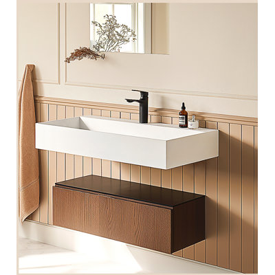 36" x 18" Solid Surface Wall Mount Rectangle Matte White Vessel Sink with Faucet Hole