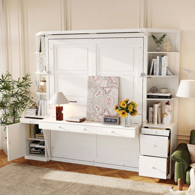 Murphy Bed with Desk, Storage Shelves and Cabinets, Hidden Wall Bed for Space-Saving Home Office, Lights