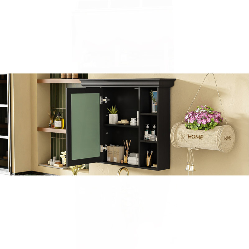 Armoire de rangement murale noire 35 po x 28 po avec porte miroir, armoire de salle de bain moderne avec miroir, armoire à pharmacie avec 6 tablettes ouvertes