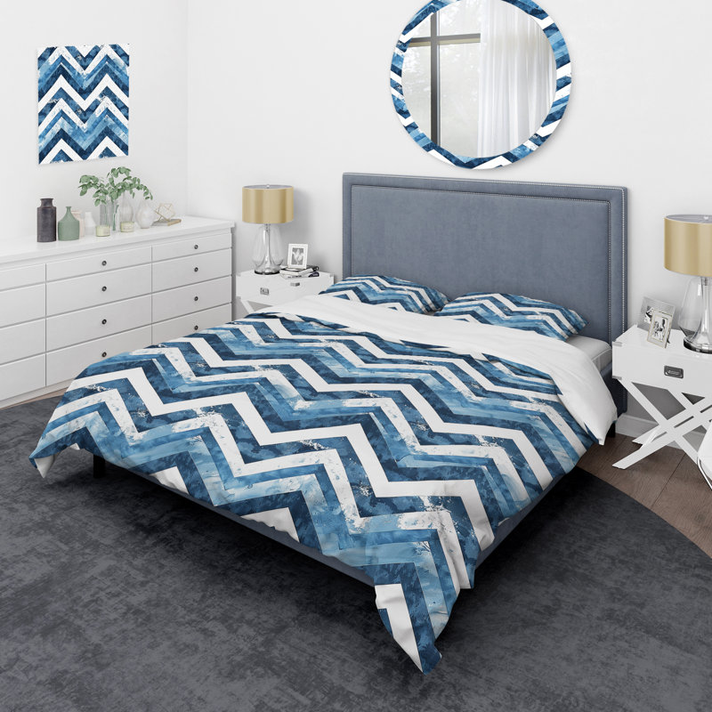 Ensemble de housse de couette à chevrons blanc et bleu Charm I, Housse de couette très grand + 2 taies décorativ