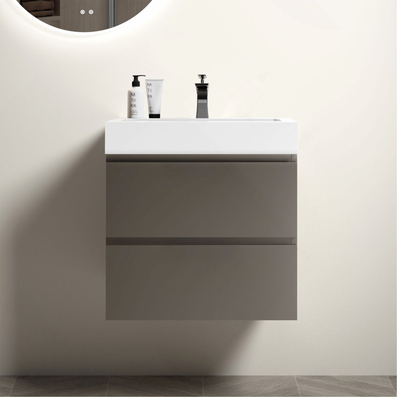 Meuble-lavabo 24 po gris avec lavabo, grand meuble-lavabo mural flottant pour salle de bain moderne, lavabo blanc une pièce sans drain ni robinet