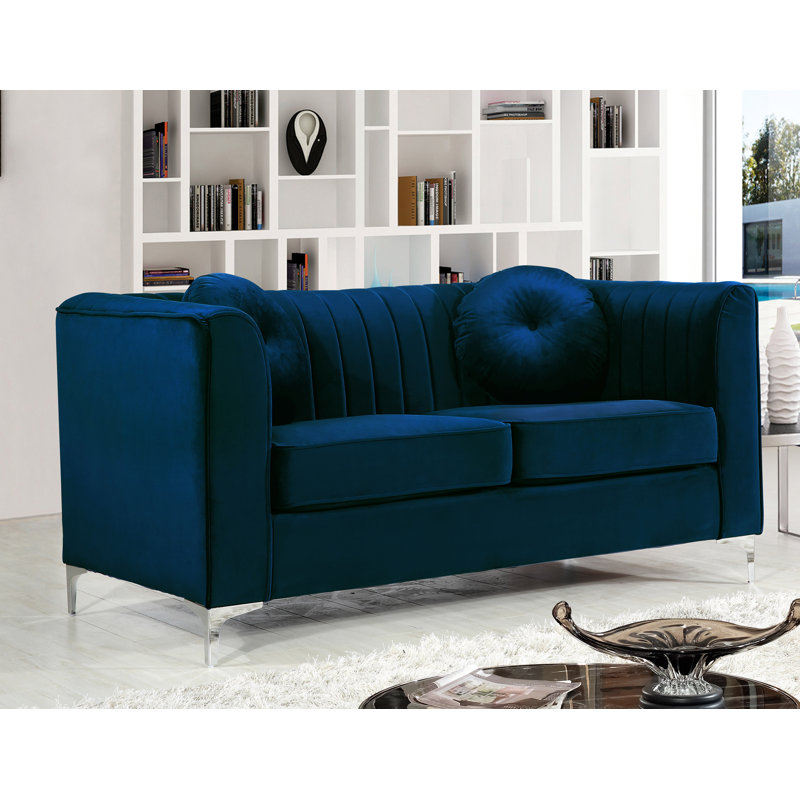 Causeuse Chesterfield à accoudoirs roulés 62 po Herbert, Bleu marine