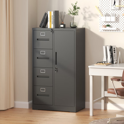 4-Drawer Metal Vertical Filing Cabinet with Lock and 1 Door for Home Office, Steel Storage Cabinet for Hanging Legal/Letter/A4 Size Files