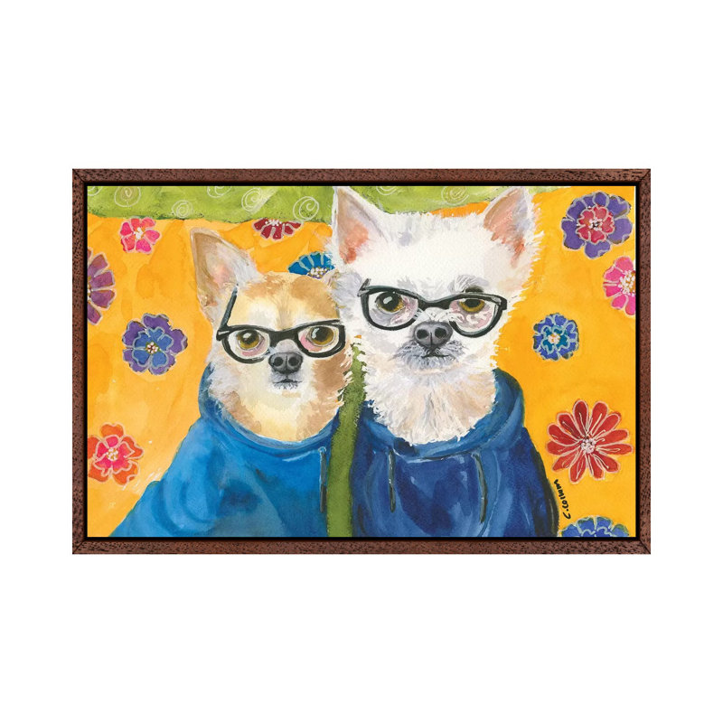 Chihuahuas in Blue 1 Piece Painting on Canvas, 66.04cm H x 101.6cm W x 3.81cm D, Classic Brown Wood Framed Canvas