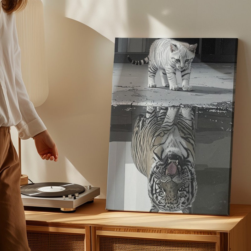 Chaton, réflexion, tigre, photoréaliste, inspiration, art mural sur toile, prêt à accrocher, galerie, décoration intérieure de qualité supérieure