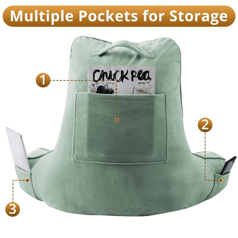 Back Pillow for Bed Sitting Up with Arm Support and Side Pockets, Sage