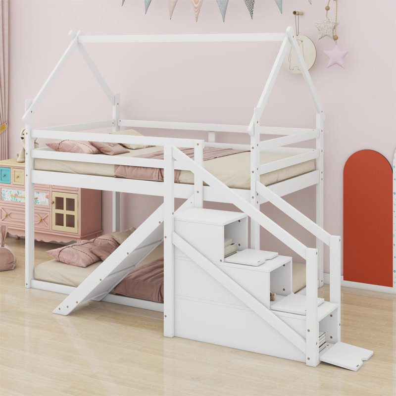 House Loft Or Bunk Bed With Slide And Staircase, White