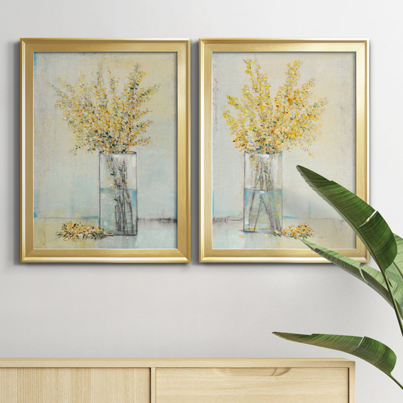 «Yellow Spray In Vase I», ensemble de 2 peintures sur toile encadrées, Or, H 24,5 po x l 18,5 po x P 1 po