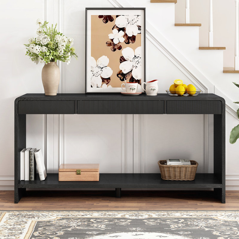 Modern 3-Drawer Console Table with Vertical Slats, Black