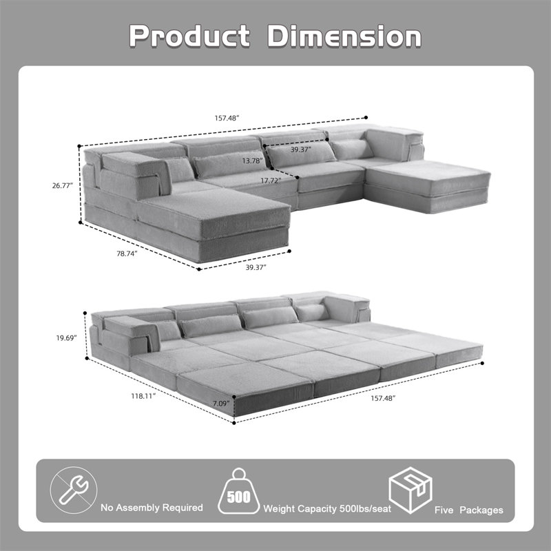 157.48" U-Shaped Sectional, Light Gray