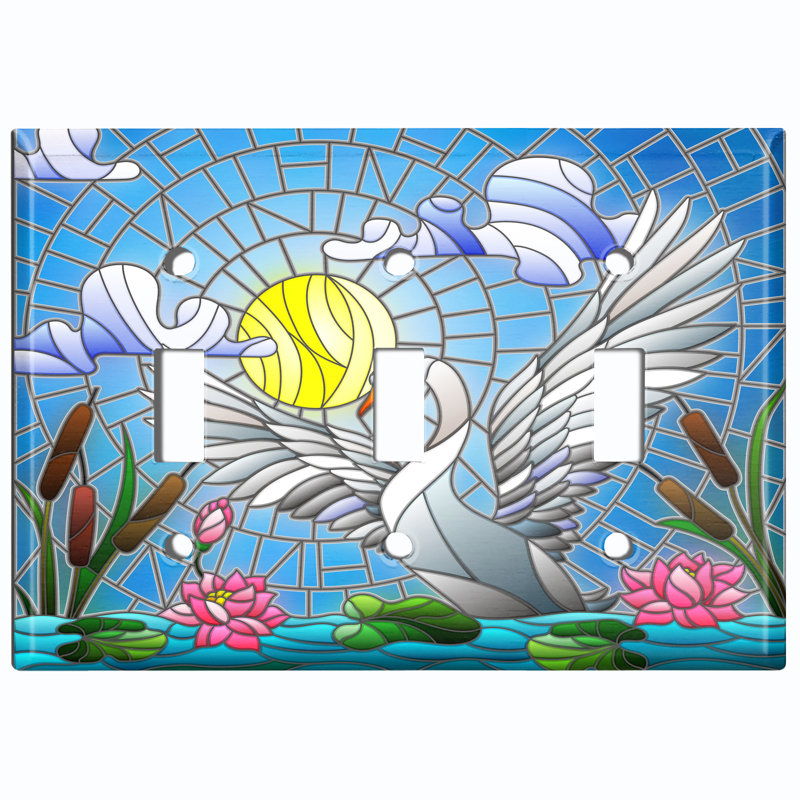 Metal Light Switch Plate Outlet Cover (White Dove Colourful Tile Sun Lake Flowers - Single Toggle)