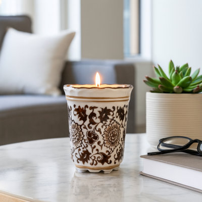 Decoraive Lavender Verbena Scented Candle for Living Room - Ceramic Chinoiserie for Bookshelf, Coffee Table, Bedroom - 5", Blue & White
