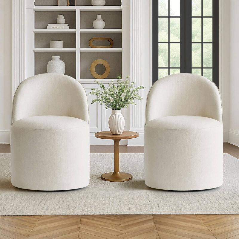 Rolling Small Linen Upholstered Barrel Swivel Chair With Hidden Casters, Cream