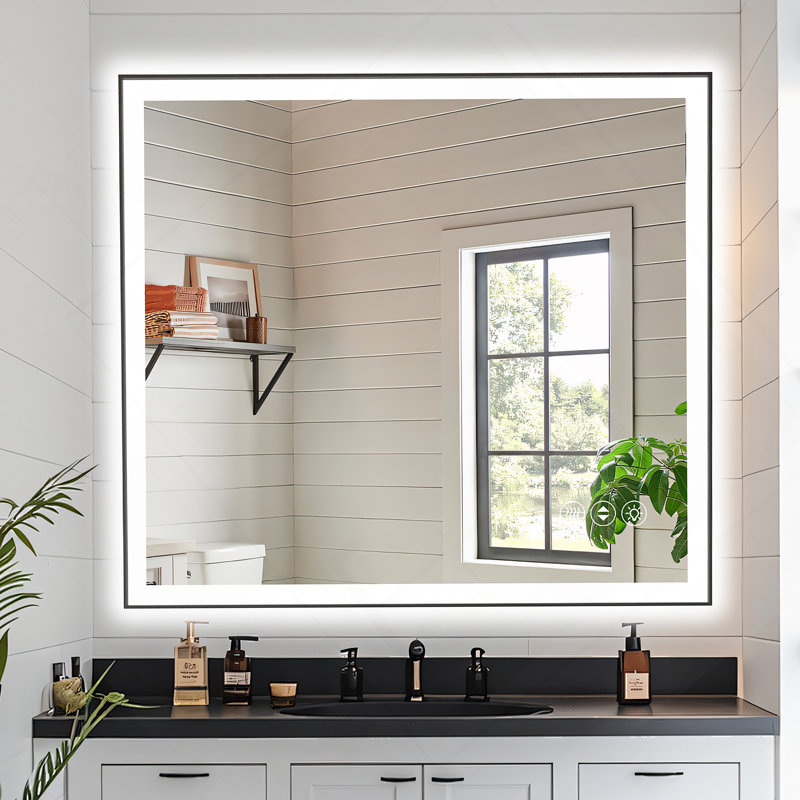 Miroir de salle de bain moderne sans cadre avec fonction de désembuage et lumière réglable, Rectangulaire, Horizontale
