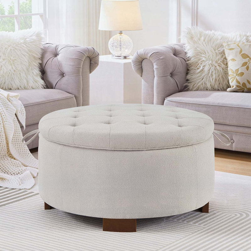 Repose-pieds rond avec couvercle réversible - Repose-pieds rembourré Boucle, Beige bouclé
