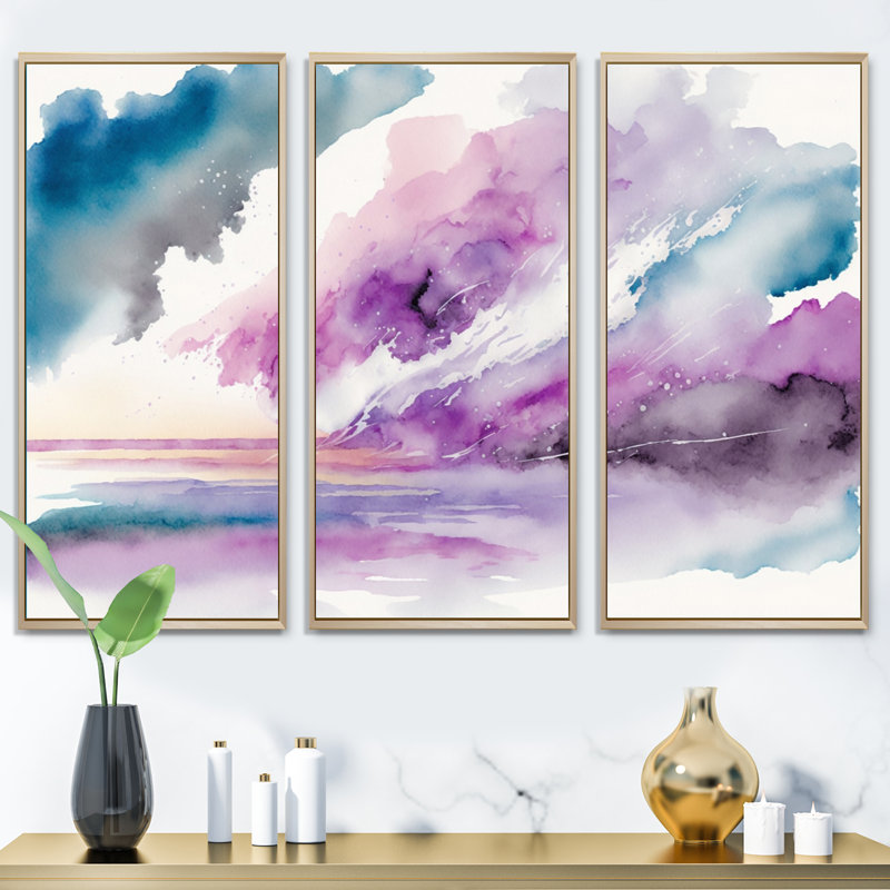 «Violet Storm at the Horizon I», reproduction sur toile 3 pièces, H 20 po x l 36 po x P 1 po, Toile avec cadre naturel