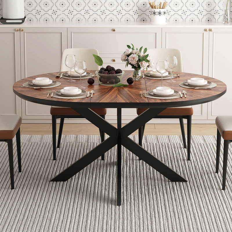 Table de salle à manger ronde extensible 47,2 "-63" pour 4-6, plateau de table en bois massif et structure en métal, mobilier de salle à manger en noyer