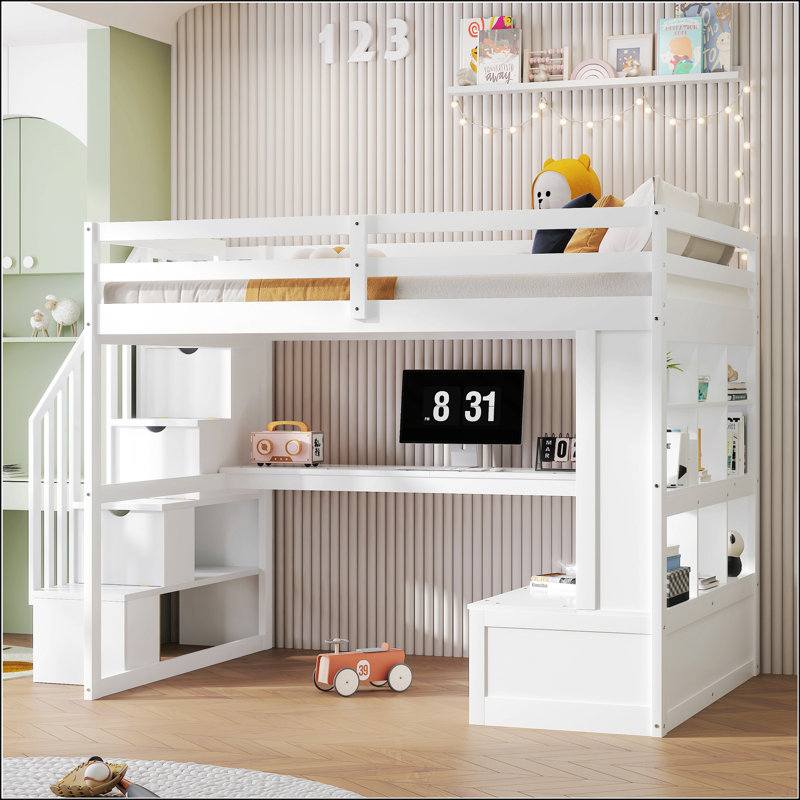 Lit mezzanine double avec bureau et tablettes, Blanc