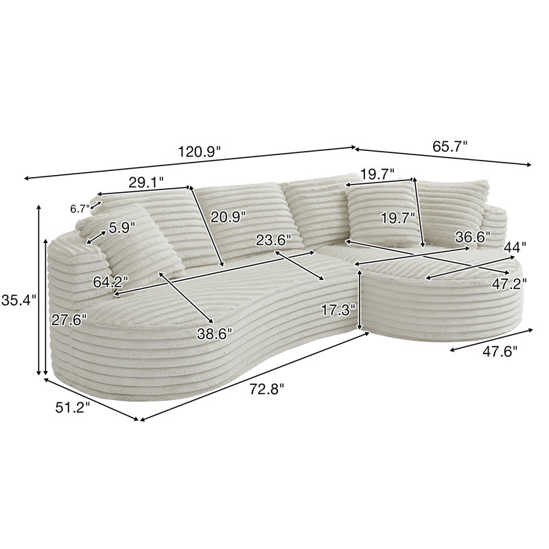 Canapé modulaire incurvé modulaire incurvé moderne de 121 po avec sièges profonds et méridienne Hartwig Boneless, aucun assemblage requis