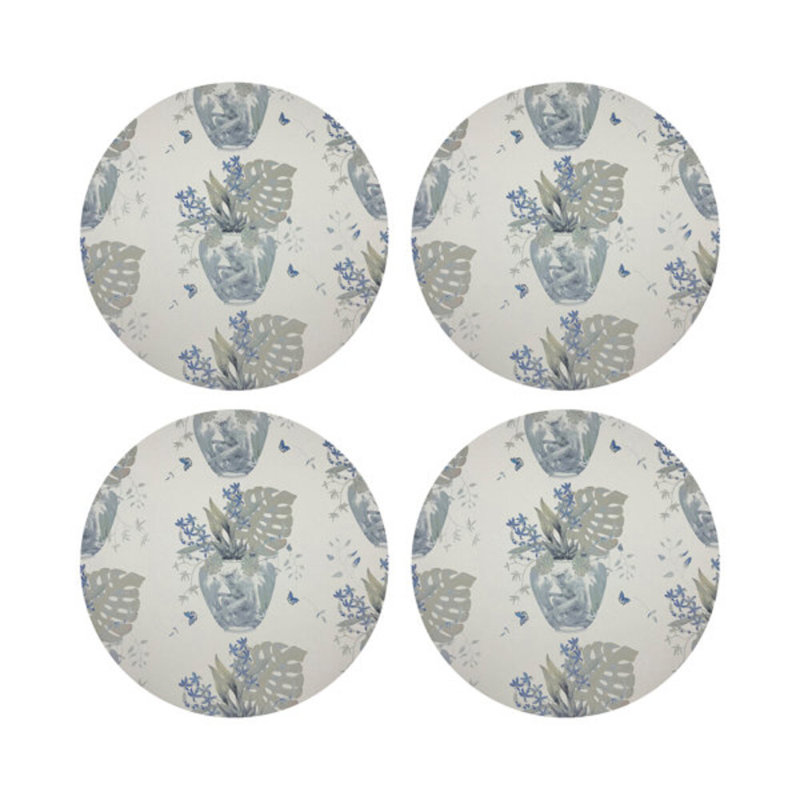 Monkey Small Jungle White Vegan Leather Round Coasters, Powder