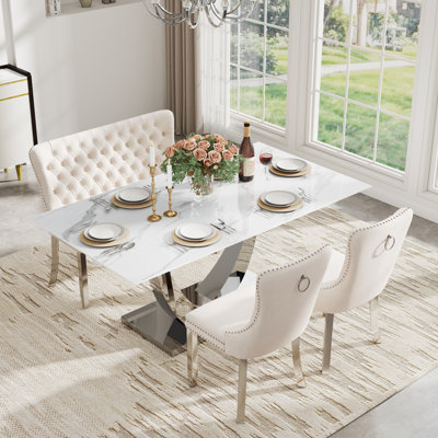 Rectangle Tempered Glass Dining Table Set with Tufted Bench, Luxury Dining Table with Tufted Velvet Dining Chair for Dining Room