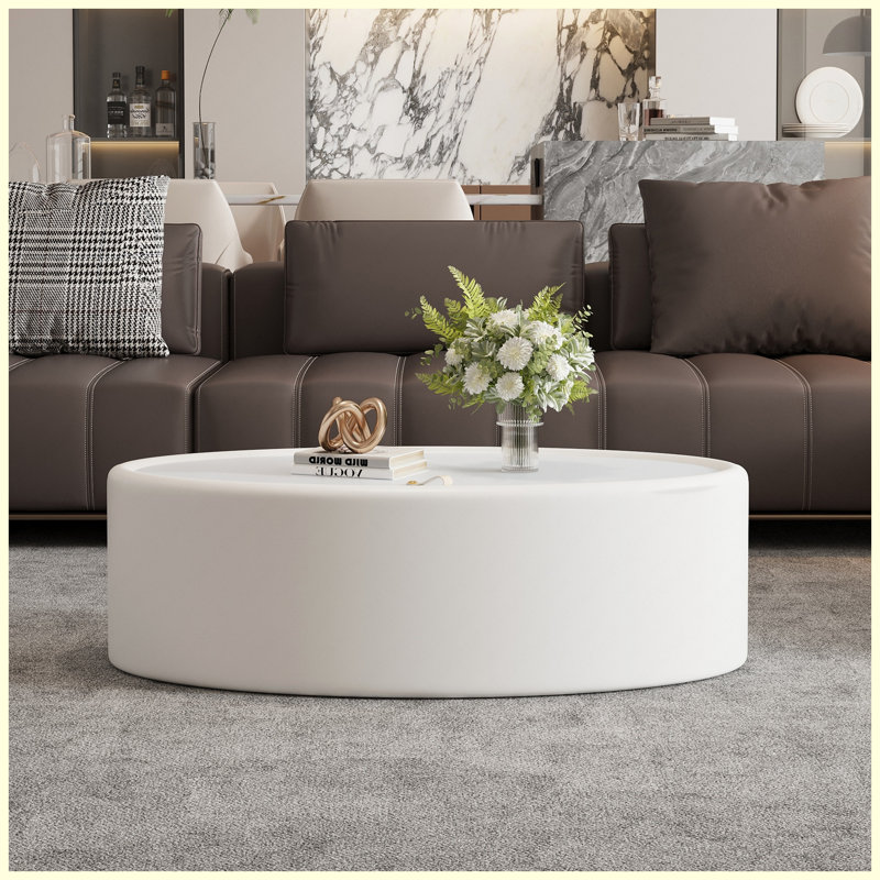 Table basse de rangement ovale cachée 33,46 po, plateau en verre trempé certifié 3C et table de rangement en cuir de qualité supérieure revêtue de cuir blanc moderne