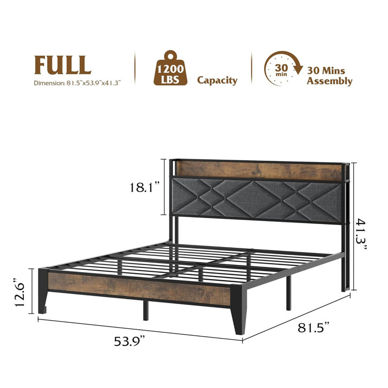 Upholstered Metal Slat Bed, Full / Double
