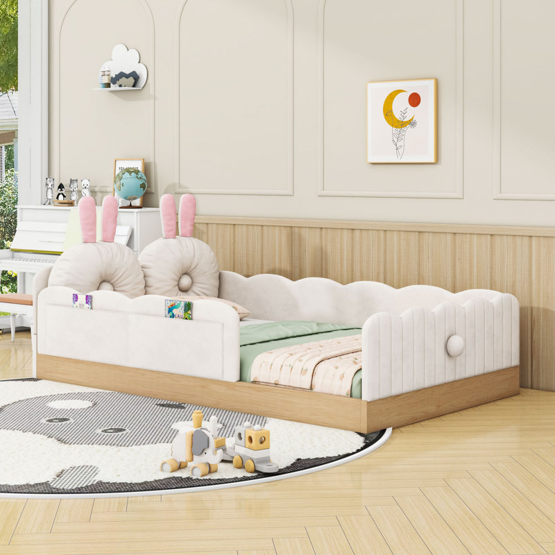 Lit plateforme simple tapissier avec coussins, Beige
