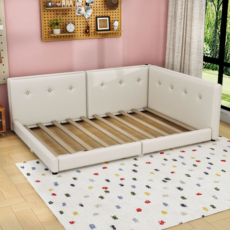 Lit de jour rembourré en lin avec ports USB intégrés et structure en bois robuste, Beige, Grand lit