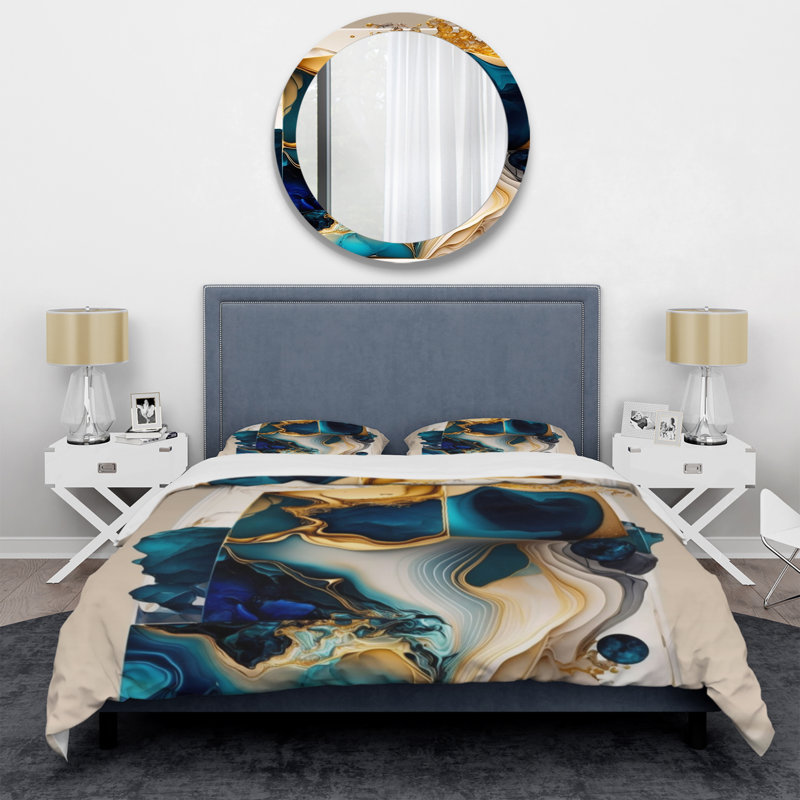 Ensemble de housse de couette en microfibre / polyester à motif abstrait géométrique en marbre bleu