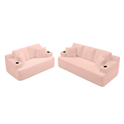 Canapé sans accoudoirs 86,2 po avec 2 coussins supplémentaires, tissu en velours côtelé 3 places avec porte-gobelet et poche latérale avec revêtement de sol facile à installer, canapés à compression