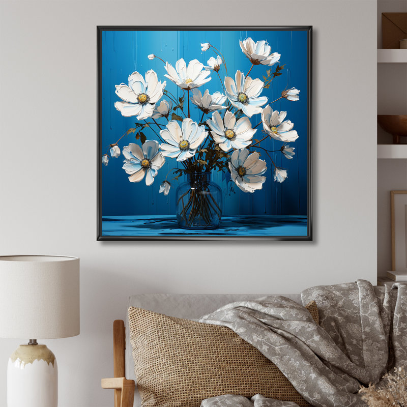 «White Blue Flowers Quirky I», impressions sur toile_105835, Cadre flottant noir, H 16 po x l 16 po x P 1 po