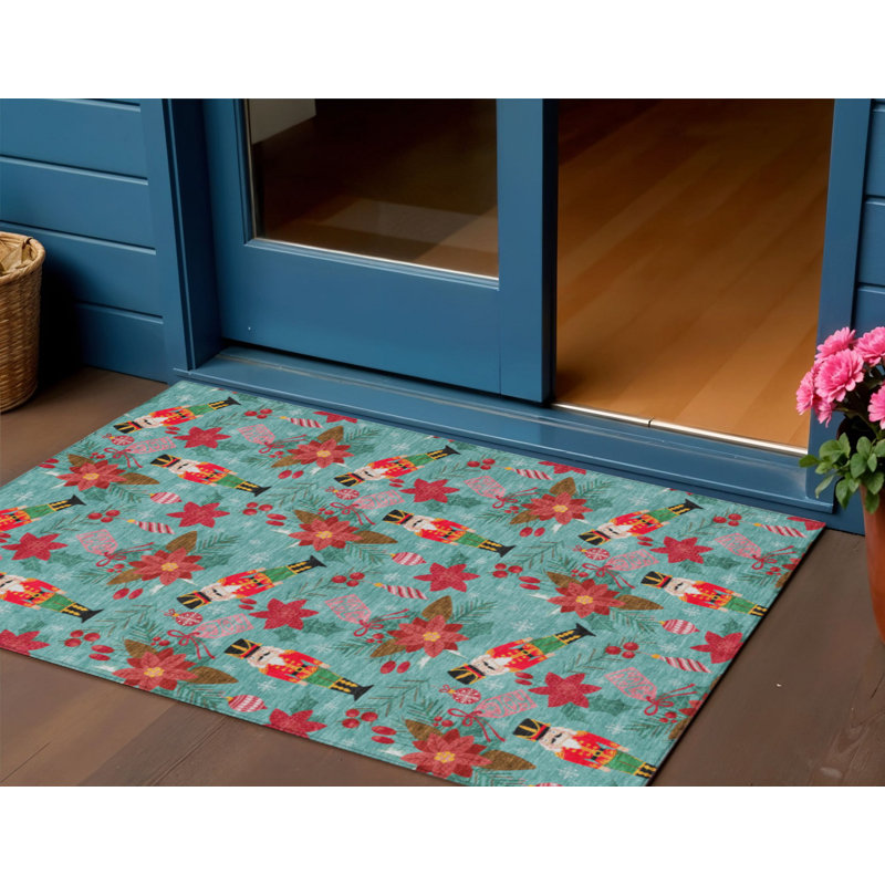 3' X 5' Teal Blue Red Black Pink And Brown Floral Washable Indoor Outdoor Area Rug