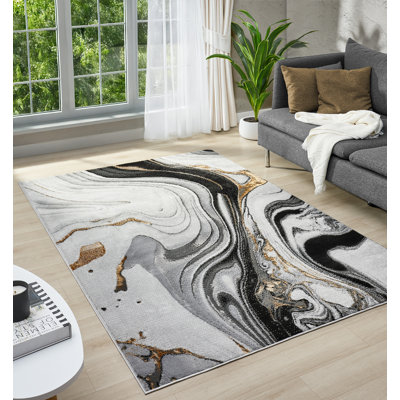 Modern Abstract Area Rug Swirls Contemporary Marble Colorful Carpet For Living Room Bedroom With Gold Lurex Accents