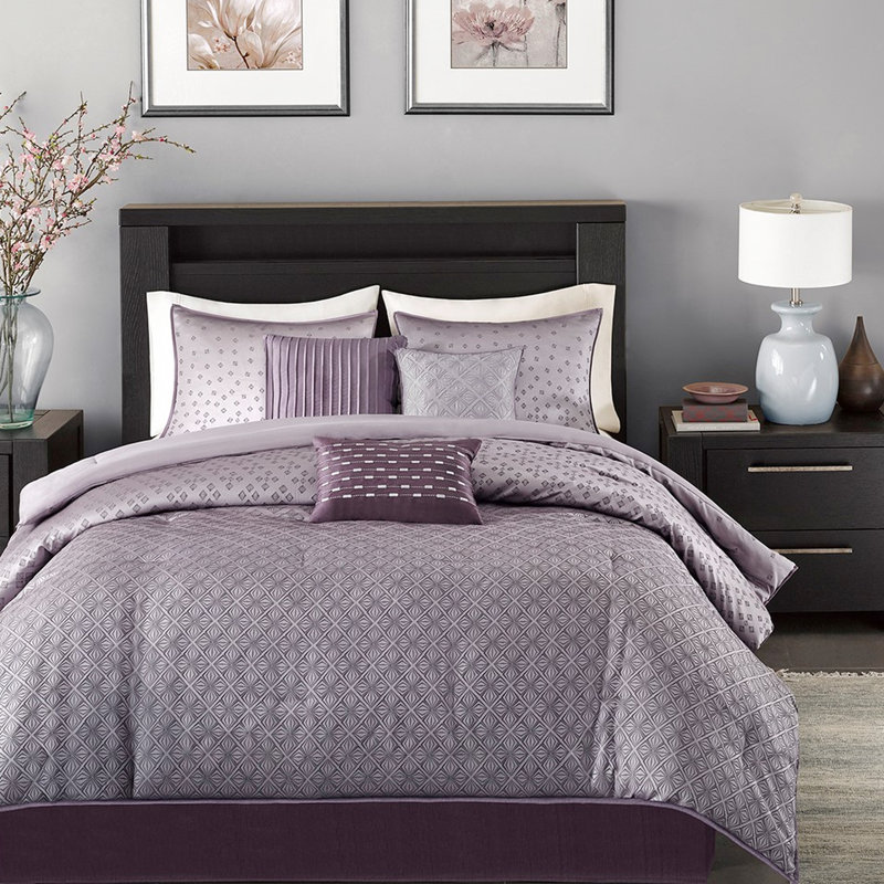 Comforter, Ornamentation, Fill 7 Piece Bedding , Sequined Designing Element, King Comforter + 6 Additional Pieces, Purple