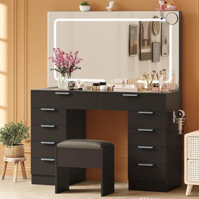 Glass Top Vanity Desk with Large LED Mirror & Lights – Dressing Table with Stool, Charging Station & 10 Drawers for Bedroom