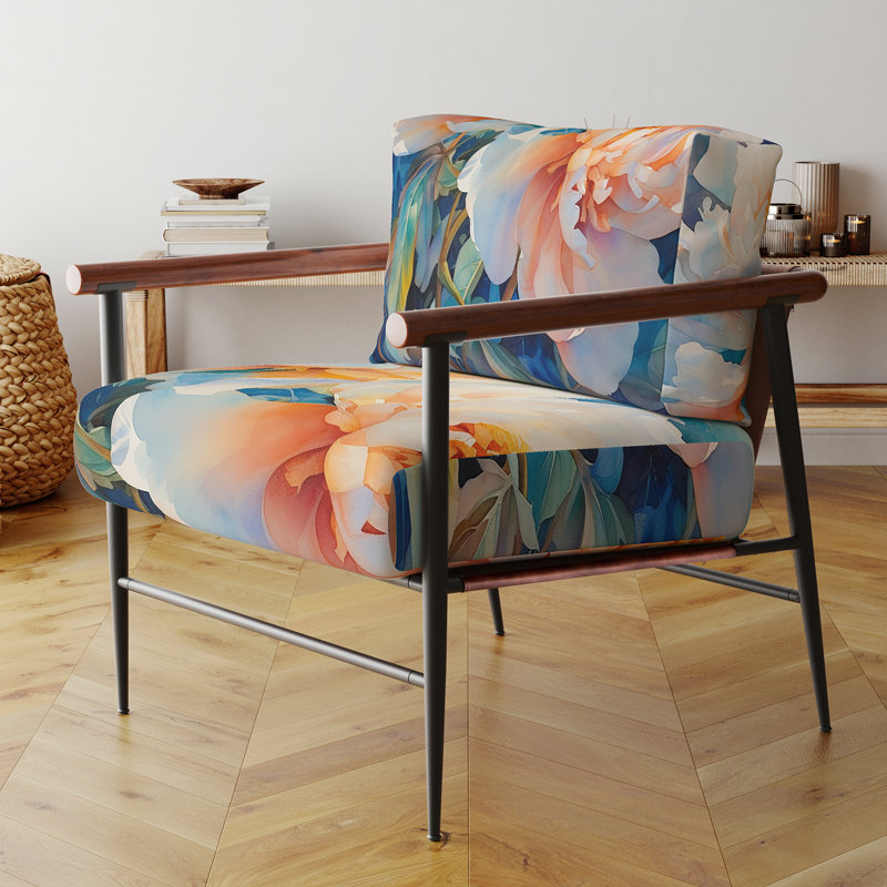 Brierly - Fauteuil d'appoint rembourré à motif floral orange et bleu, Noir, noir, noir, noir