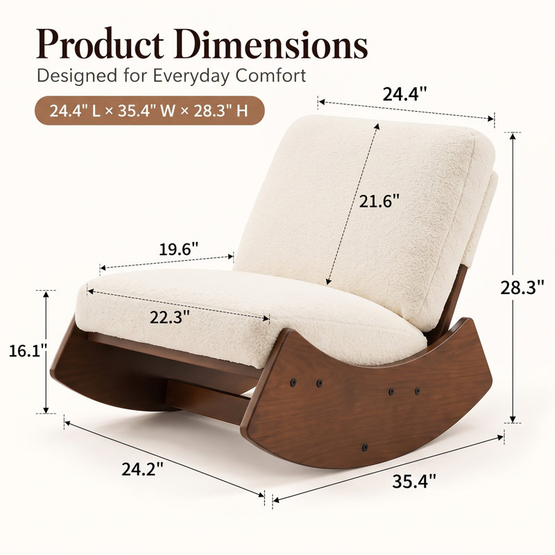 Chaise berçante rembourrée en bois massif Corduroy avec assise et dossier rembourrés, Blanc