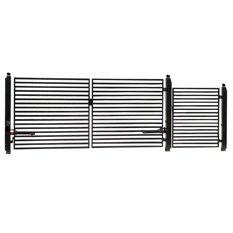 Milan Style 14 ft Black Steel Dual Swing Driveway Gate with Pedestrian Gate