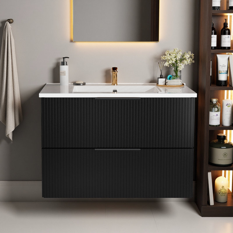 Meuble-lavabo 30 po, meuble de rangement mural en contreplaqué flottant, meuble-lavabo en pierre frittée noire avec cuve en céramique