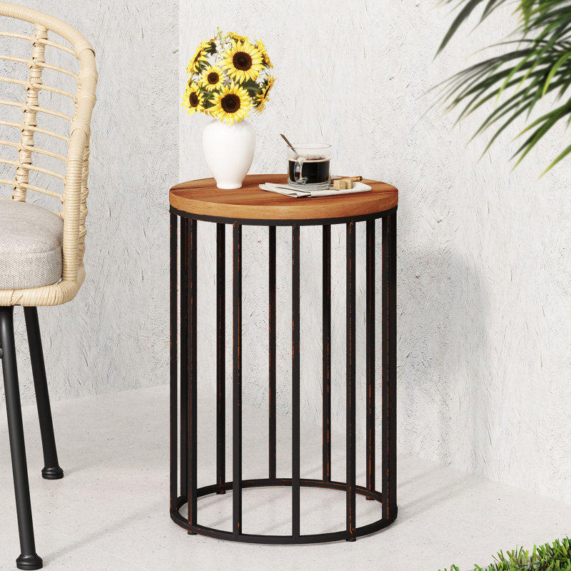 Table d'appoint 15 "pour l'élégance extérieure - Bois, structure en fer noir, finition antique, plateau en bois moderne de classe, cadre noir, utilisation
