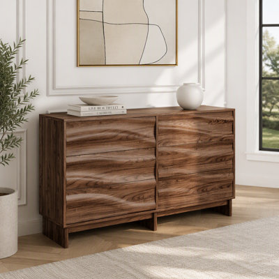 Buffet de 150 cm (59,1 po) avec 6 tiroirs à ouverture par pression, meuble de rangement de style champêtre avec texture de grain ondulé pour salle à manger, salon et couloir