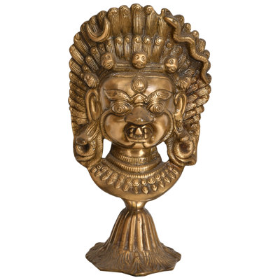 Handcrafted 10" Brass Mahakala Guardian Mask with Display Stand - Traditional Tibetan Buddhist Metal Wall Art Sculpture 10.2"H x 5.8"W x 4"D