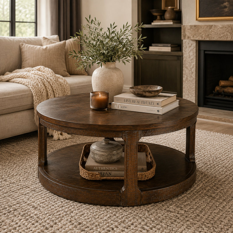 Caston 40" Round Transitional Coffee Table with Lower Storage Shelf and Casters, Marron foncé
